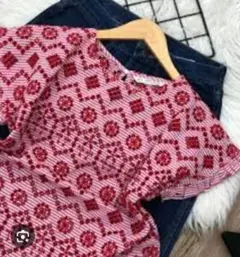 ZARA　エンブロイダリーレース♡ボックスブラウスレッドL　ゆったりクロップド丈
