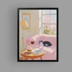 絵画 | イラストポスター 1187☆ 【ソファの上の黒猫と赤ワイン】