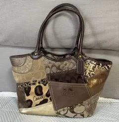 coach パッチワーク シグネチャー ブリーカー トートバッグ ブラウン