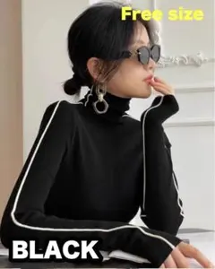 サイドライン ハイネックニット トップス タートルネック 配色 ニット