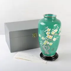 七宝焼 緑釉 花文 花瓶 唐木台付 共箱 V 9833A - メルカリ