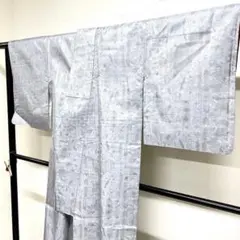 小紋　紬　抽象模様　リーフ模様　くすみブルー　着物　014tz