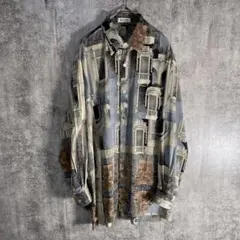 90s 一点物　レトロ総柄シャツ 建築柄 アート柄 ビッグシルエット 古着 M