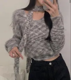 amood オフショルダー リボン付き ニット