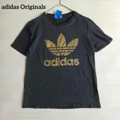 アディダスオリジナルス Tシャツ M相当 黒 金ビッグトレフォイルロゴ