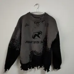 ダメージ加工 長袖ニット S グレー/ブラック