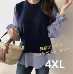 レイヤード風 ニットベスト ブラウス ストライプ ネイビー セットアップ 4XL