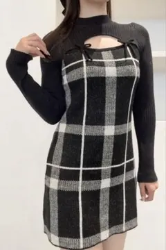 フロントオープンチェックニットワンピース　anmille