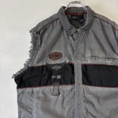 ハーレーダビッドソン　ノースリーブシャツ　刺繍ロゴ　2XLサイズ　グレー　古着