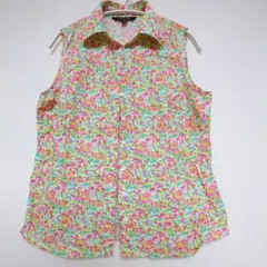 美品 小花柄 リバティ風 ノースリーブ 襟付シャツ 綿混 伸縮性若干あり