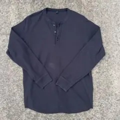 UNIQLOワッフル ヘンリーネック 長袖Tシャツ ブラック サーマル L