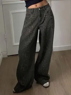 SHEIN ワイドレッグジーンズ ブラウンヒョウ柄 Lサイズ