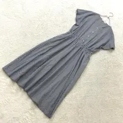 ショコラフィネローブ【F】紺 ギンガムチェック ワンピース Vネック 薄手 綿混