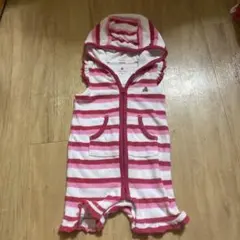 babyGap フード付きロンパース ピンクと白のストライプ　タオル風生地