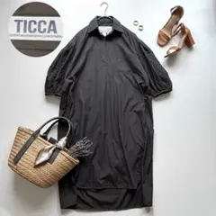 TICCA 綿 レース パフスリーブ シャツワンピース 刺繍スリーブ 黒 Fのサムネイル