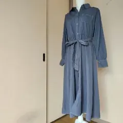 ブルーグレー シャツワンピース 長袖 ウエストベルト付き