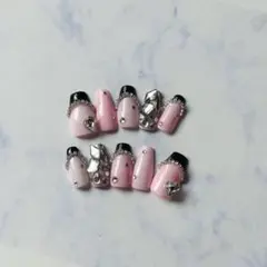 ネイルチップ 量産型 ブラックフレンチ ピンク ハート 韓国 ワンホン 地雷