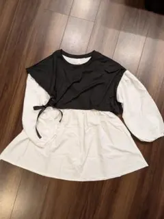 リボン付きブラックホワイト長袖シャツ　チュニック