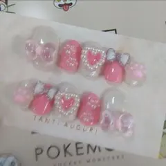 ジェルネイルチップ　量産型　ゆめかわ　ホワイト✕ピンク　リボン　ハート　肉球