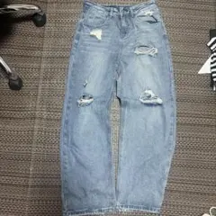 ダメージ加工 ストレートデニム ライトブルー バギーデニム