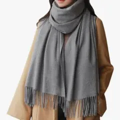 ✨底値セール✨新品 大判 ストール マフラー グレー フリンジ付き