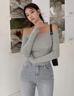SHEIN DAZY グレー オフショルダー 長袖 トップス