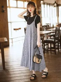ギンガムチェック キャミワンピース 黒白 フレア ナチュラル 妊婦服にも