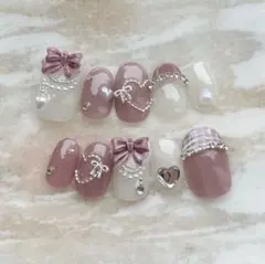 Ｎｏ．6 あざとパープルネイルチップ キラキラ リボン フレンチガーリー