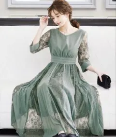 【niana】プリーツ×レース 7分袖結婚式ワンピースドレス