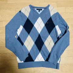 べ*そ様 トミーヒルフィガー　アーガイル　Vネックニット　セーター　ブルー　L
