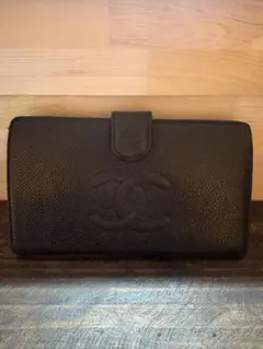 CHANEL シャネル キャビアスキン ココマーク がま口長財布 ブラック