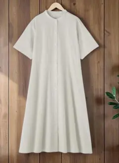 無印良品　涼感　半袖シャツワンピース　アイボリーチェック.XL