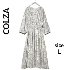 COLZA花柄 ロングワンピース L ウエストゴム　レディース　フレア　ホワイト