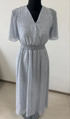 青系花柄ロングワンピース フレアスリーブ フェミニン 上品 M