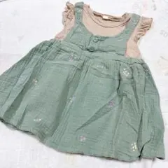 グリーン フラワー 刺繍 サロペットワンピース 80 半袖 重ね着風