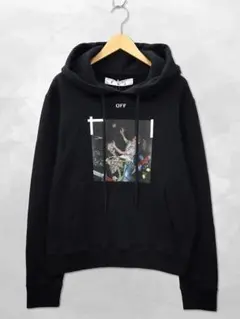 希少！美品✨ オフホワイト パーカー プルオーバー 黒 デカロゴ 裏起毛 M オフホワイトOff-White 正規品 DIAG STENCIL SLIM