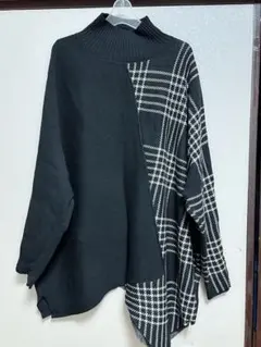 アシンメトリックニットトップス 黒と白のチェック柄