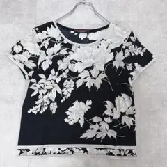 レオナール 光沢感 カットソー トップス トリム 花 綿 コットン 黒 L