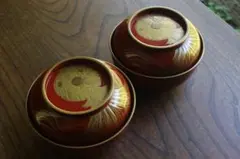 極小傷あり！上質金縁朱漆に極上薬玉蝶蒔絵の映える煮物椀2点（検輪島塗懐石椀蒔絵椀 極小傷あり！上質金縁朱漆に極上薬玉蝶蒔絵の映える煮物椀2点（検