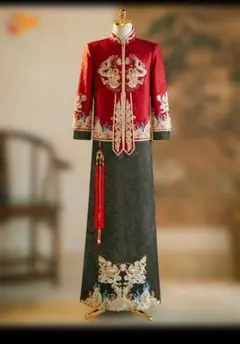 【中国伝統婚礼衣装】秀禾服 男性用 上下セット　龍刺繍　レッド×ブラック