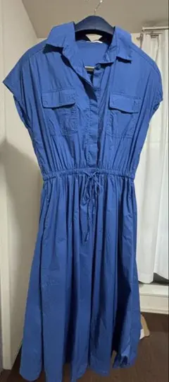 オペークドットクリップ　青色 半袖シャツワンピース