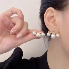3連パール ピアス イヤーカフ風 大粒 上品 華やか 結婚式 パーティー 白×金