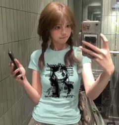 グラフィックプリント 半袖Tシャツ ミントグリーン