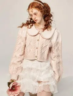 ケーブルニット襟付きセーター ピンク モデル写真付き