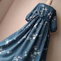219) 着物リメイク ワンピース ロングワンピース 青 花柄 京花 小紋