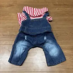 犬服 デニムオーバーオール 赤白ストライプ　サイズL