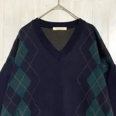 ショコラフィネローブ　Vネックアーガイルニット　セーター　ネイビー　F