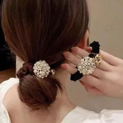 新品 ブラック パール フラワーデザインヘアゴム ヘアアクセサリー ヘアゴム