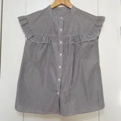 ストライプ フリル ノースリーブシャツ サイズF