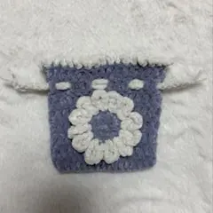 ハンドメイド 編み物 お花 巾着袋 ポーチ 青 ラメ